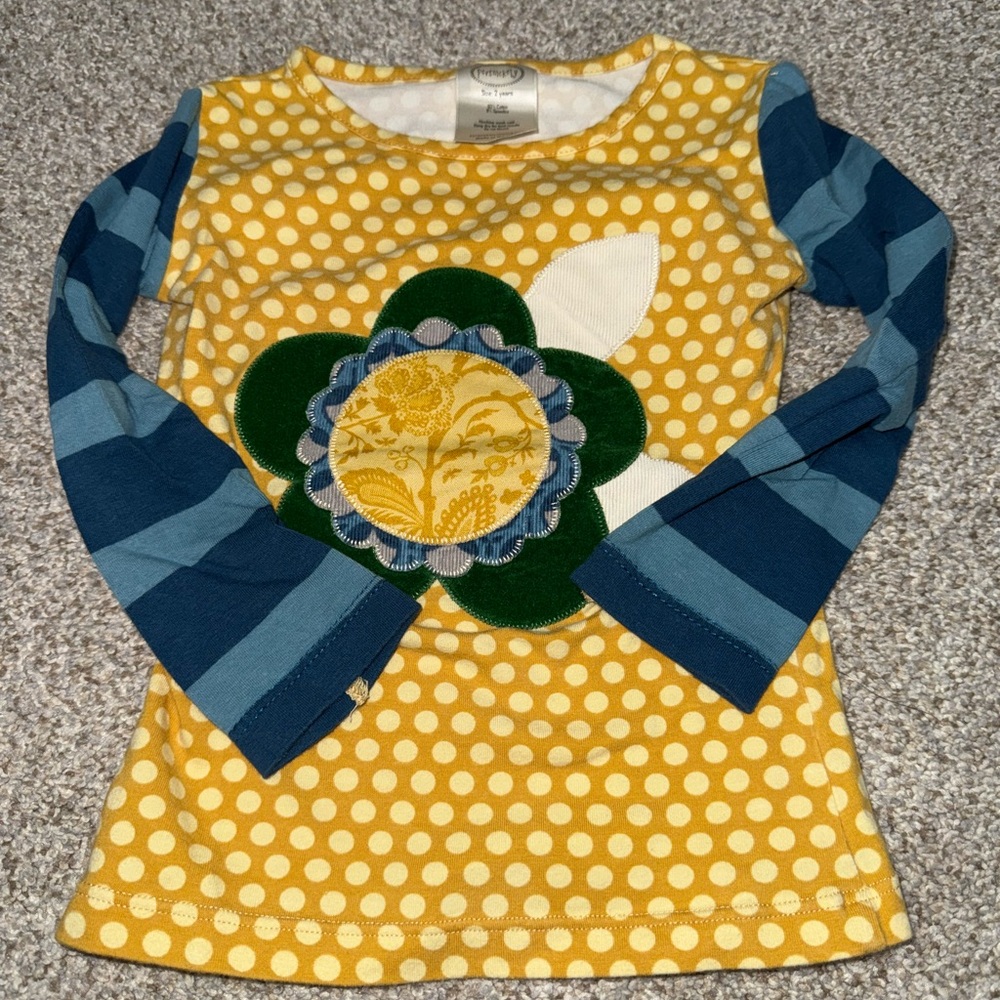 Persnickety Yellow Polka Dot Tee with Blue Striped Sleeves